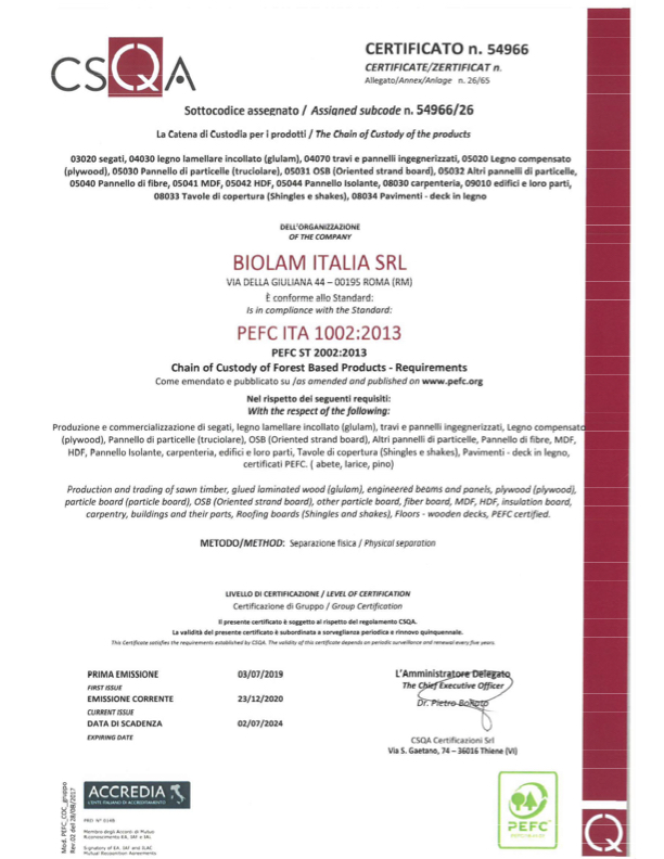 Certificato PEFC Biolam Italia Srl